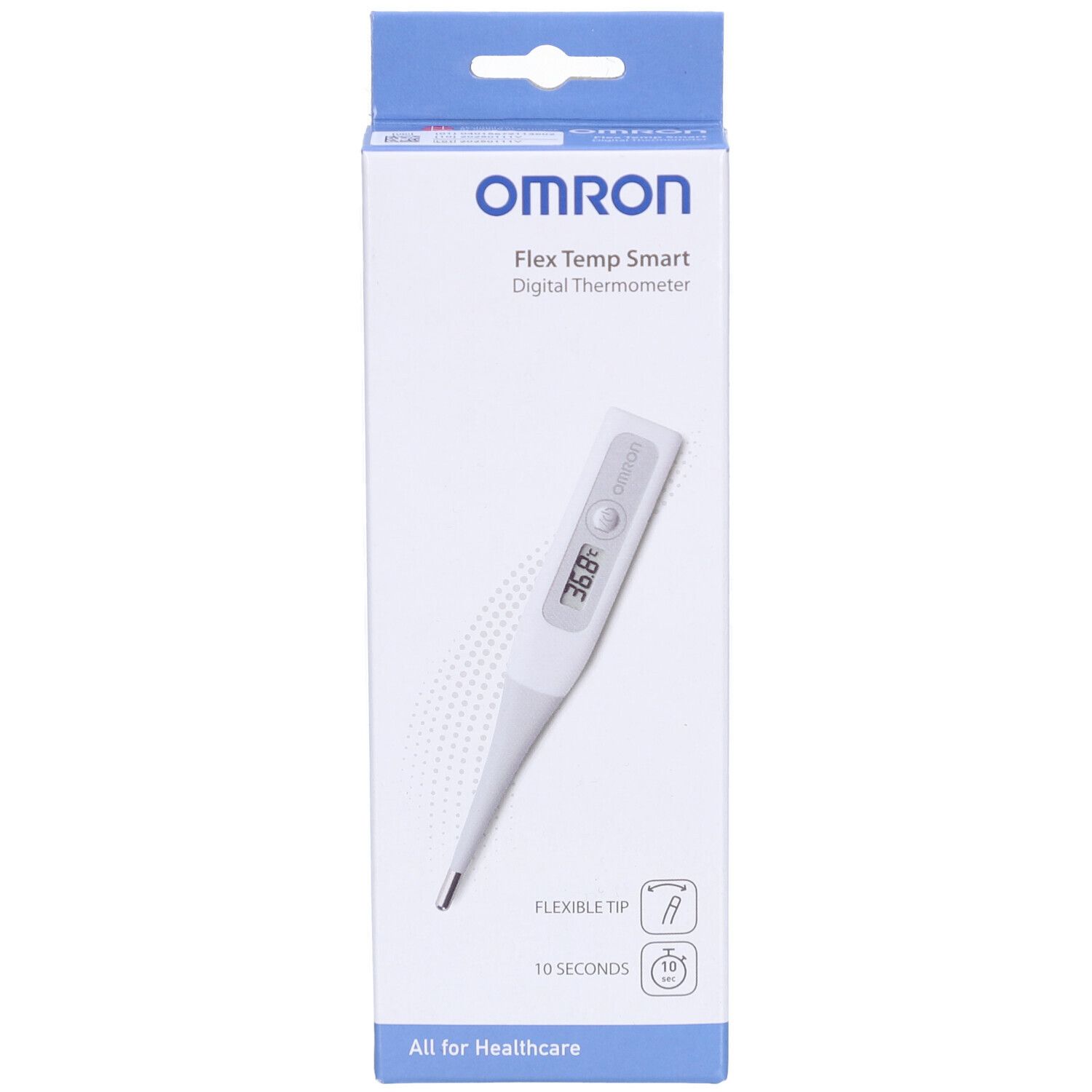 Digitale thermometer Omron Flex Temp Smart in verpakking. Weergave: 36.8°. Flexibele punt. 10 seconden.