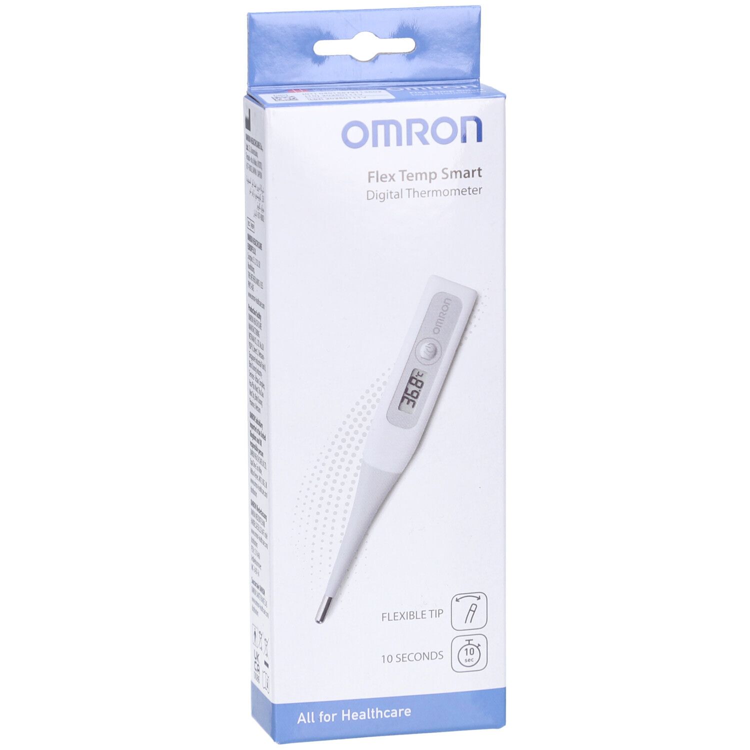 Digitale thermometer Omron Flex Temp Smart in verpakking. Weergave: 36.8°. Flexibele punt. 10 seconden.