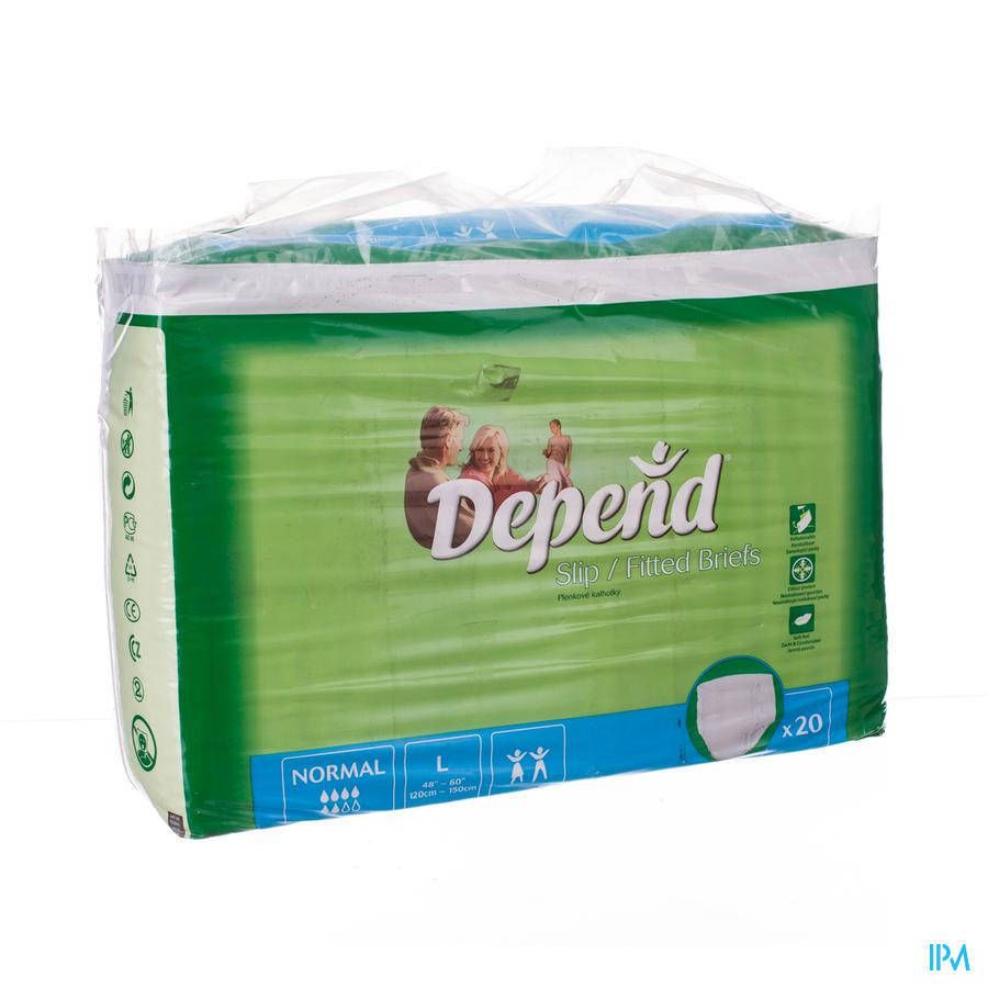 Verpakking Depend Slip Normal Large. Groen en wit, met productafbeelding en tekst. Bevat 20 stuks.