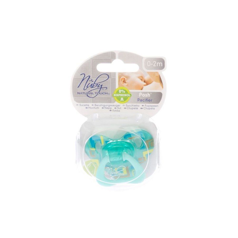 Sucette en emballage. Couleur vert-bleu. Marque Nuby, Natural Touch. Recommandation d'âge 0-2 mois. Ortho Posh Pacifier.