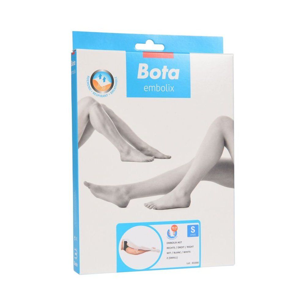 Verpakking van Bota Embolix. Illustratie van benen. Tekst: Bota embolix, S. Blauwe achtergrond.