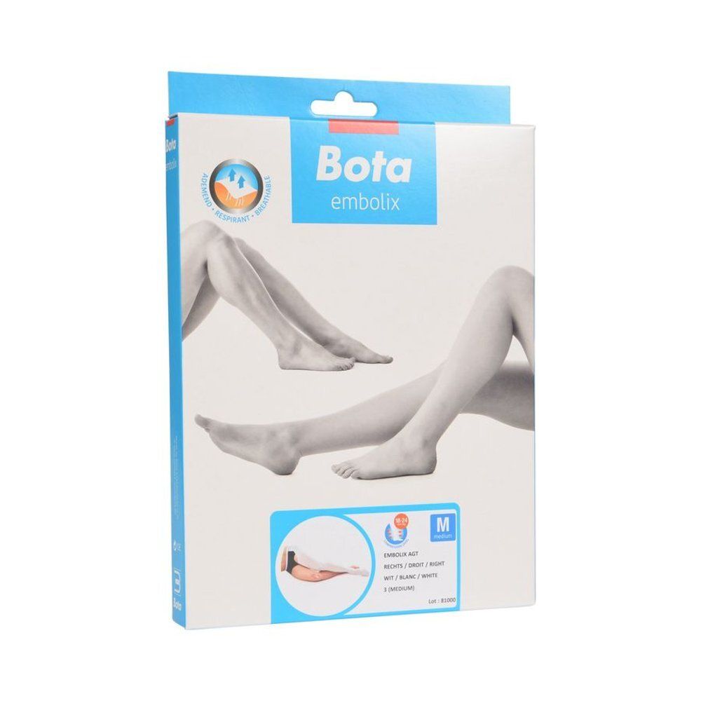 Emballage Bota Embolix. Illustration de jambes. Taille M. Nom du produit et logo.