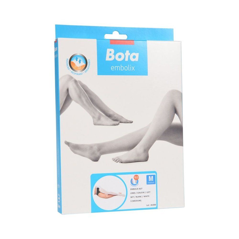 Emballage Bota Embolix. Blanc avec accents bleus. Illustration de jambes. Taille M.