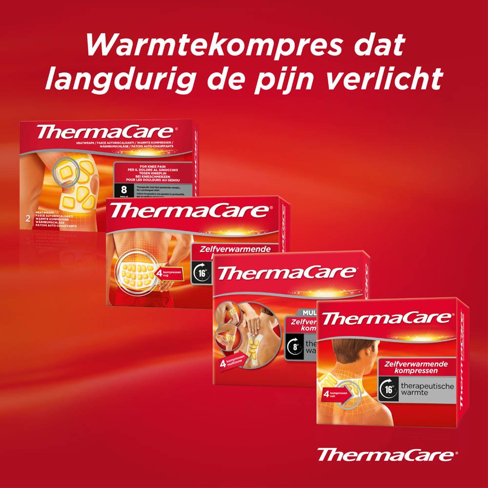 Verschillende ThermaCare®-verpakkingen. Tekst: Zelfverwarmende pleisters voor langdurige pijnverlichting.