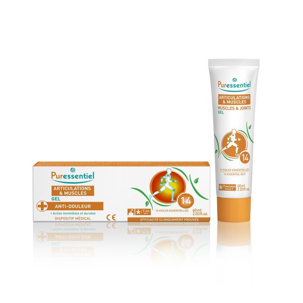 Tube et boîte de Puressentiel Gel Muscles & Articulations.