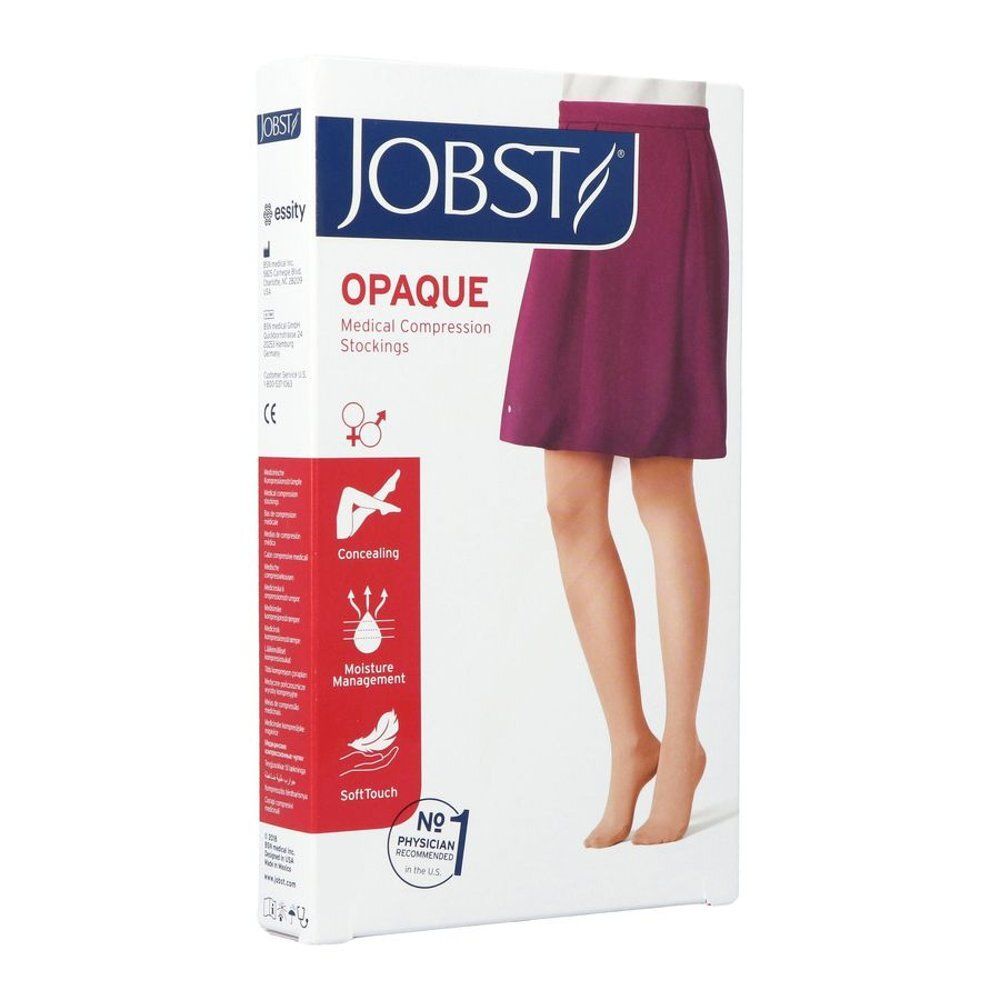 Boîte de bas de compression médicale JOBST OPAQUE. Image: bas. Texte: Medical Compression Stockings. Logo CE. Informations sur les bénéfices.