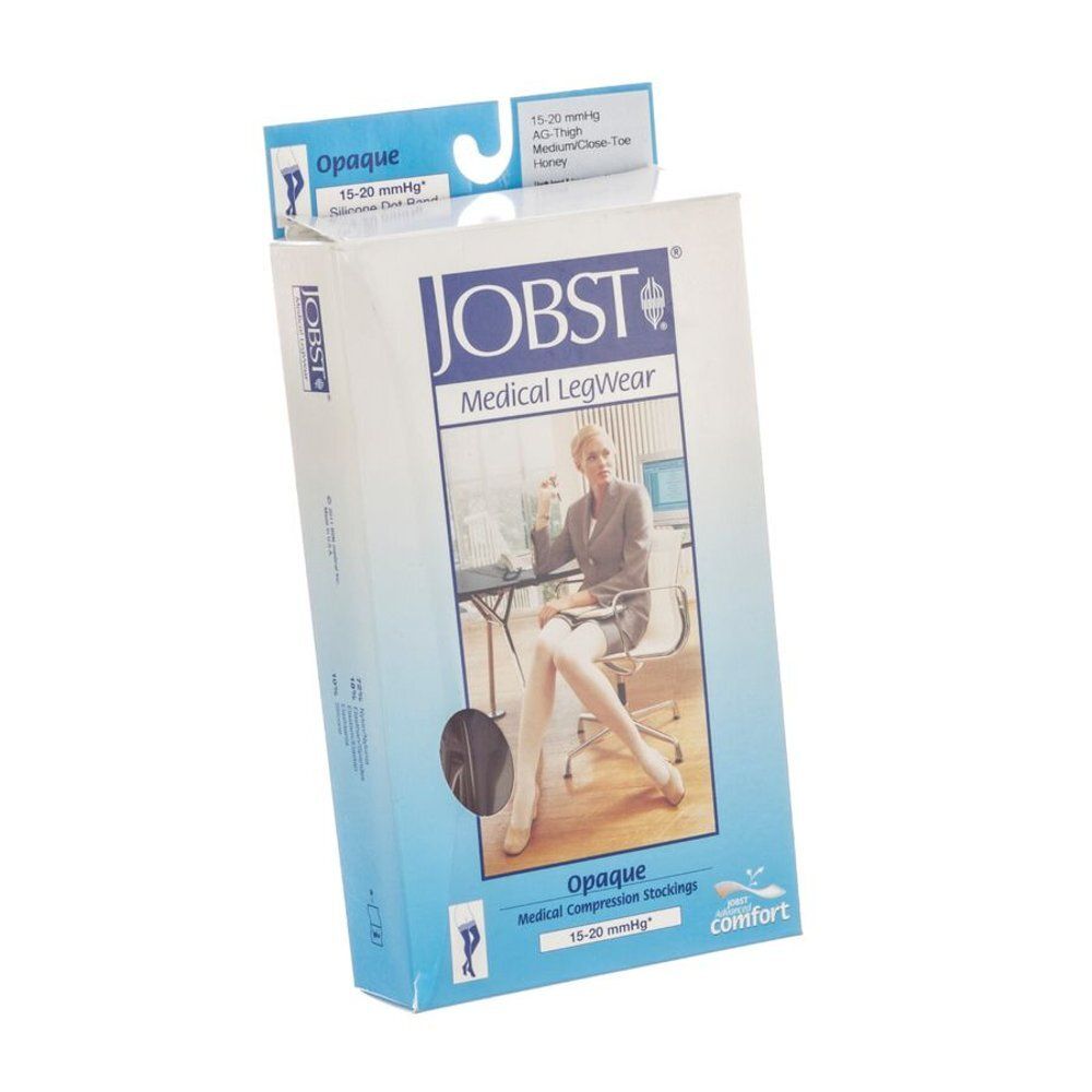 Verpakking van JOBST Medical LegWear. Opaque medische compressiekousen, 15-20 mmHg. Vrouw draagt kousen. Honingkleur, gesloten teen.