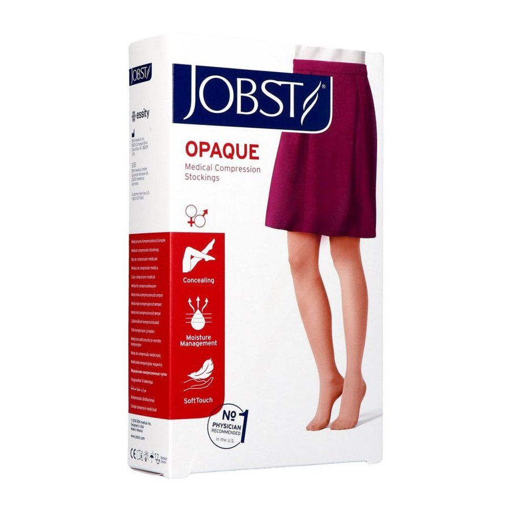 Jobst Opaque, bas de compression médicale. Boîte avec bas et jambe. Couleur miel. Caractéristiques visibles: Couvrant, gestion de l'humidité.