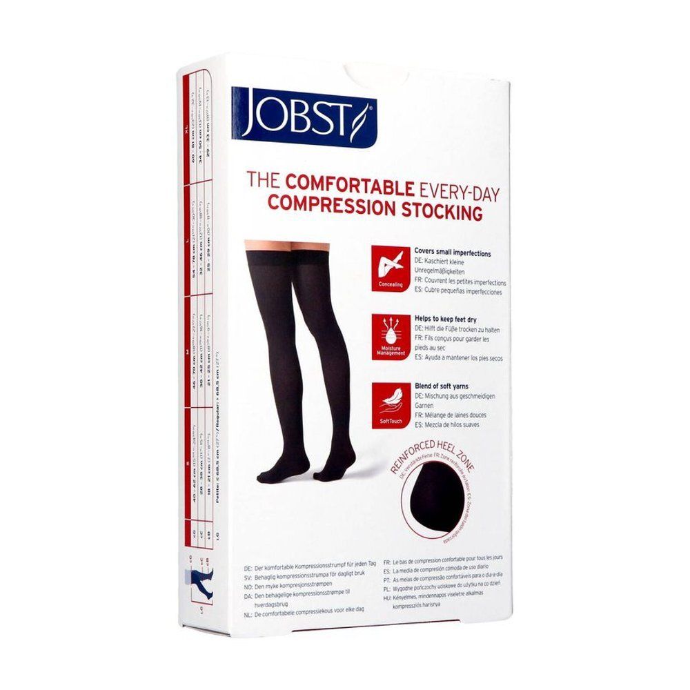 Jobst compressiekousen. Verpakking met kousen. Zwarte kousen. Kenmerken: Versterkte hiel, houdt voeten droog.