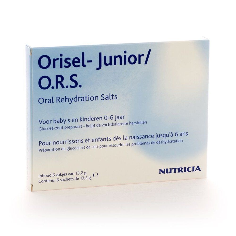 Verpakking van Orisel Junior O.R.S. met opschrift. Bevat 6 zakjes. Merk Nutricia.