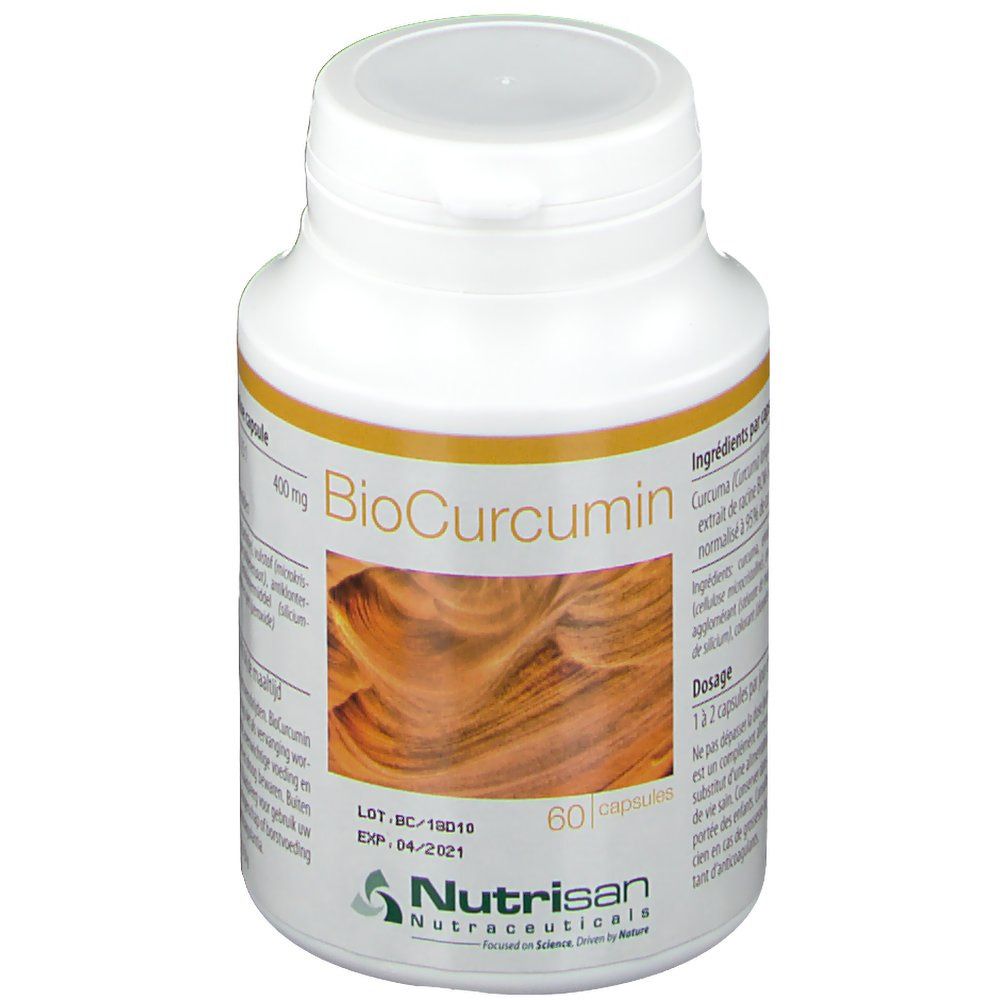 Witte fles met capsules. Opschrift: BioCurcumin, 60 capsules. Ingrediëntenlijst en Nutrisan logo.