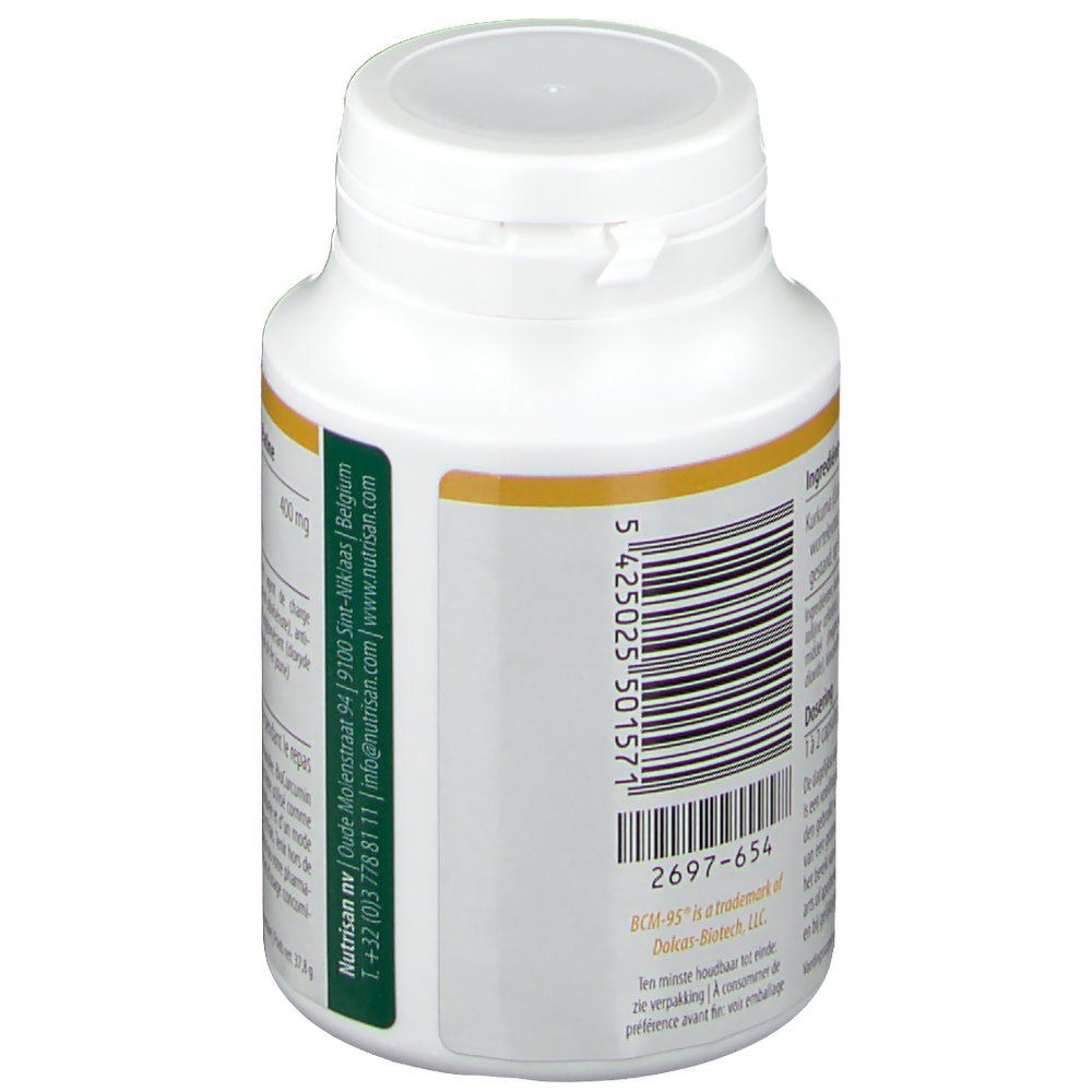 Achterkant van de witte fles. Barcode, fabrikantinfo en lotnummer.