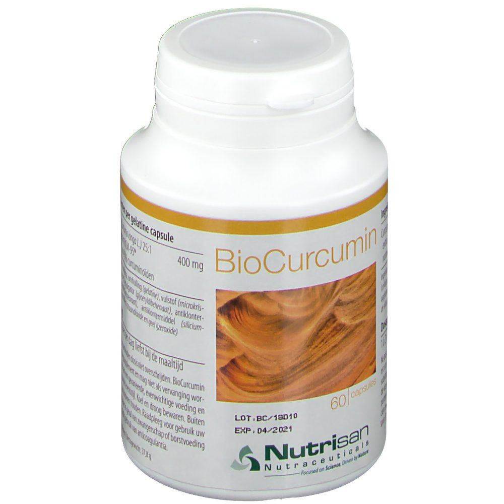 Witte fles met capsules. Opschrift: BioCurcumin, 60 capsules. Ingrediëntenlijst en Nutrisan logo.