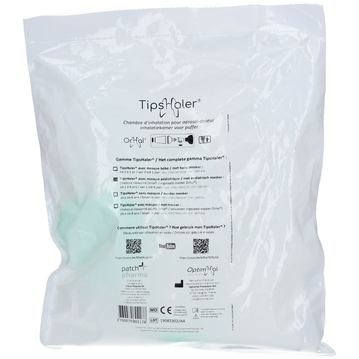 Emballage avec informations produit. Texte et logos sur fond blanc.