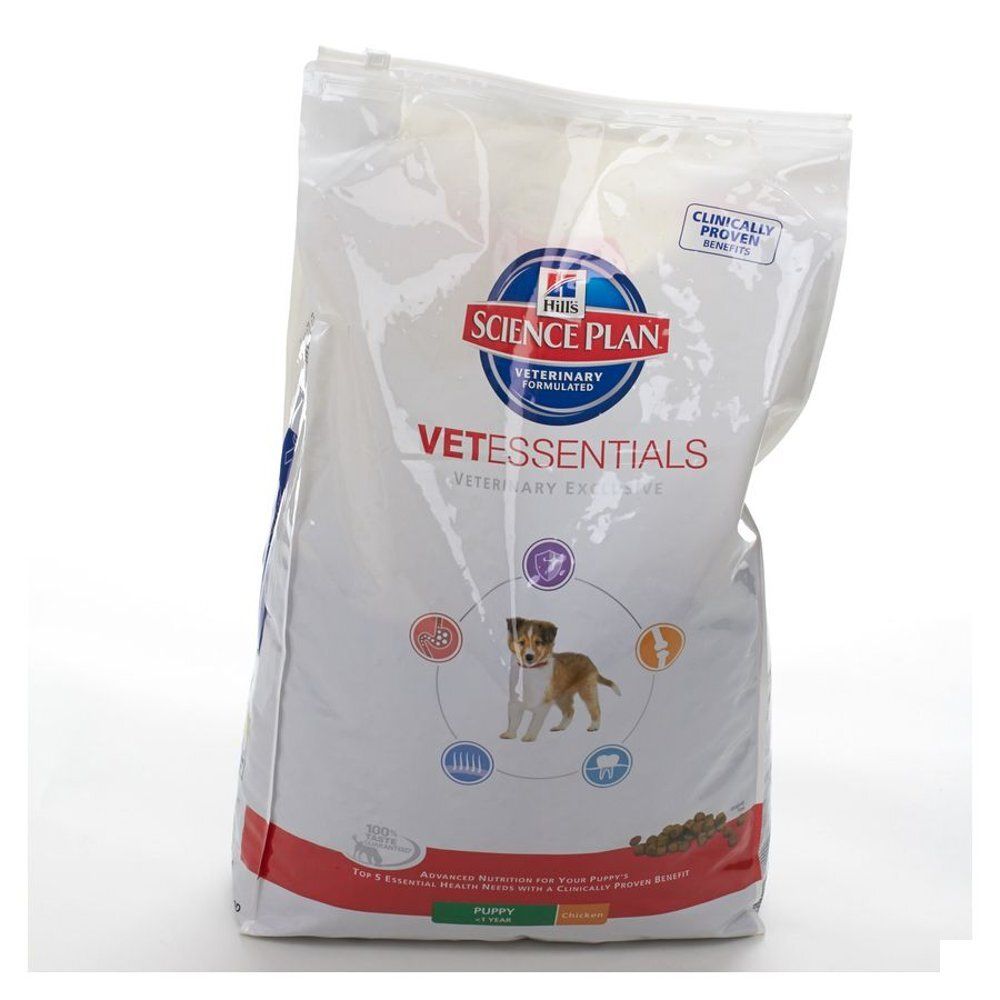 Hill's Science Plan VetEssentials puppy voerzak. Afbeelding van een puppy. Opschrift: Clinically Proven.
