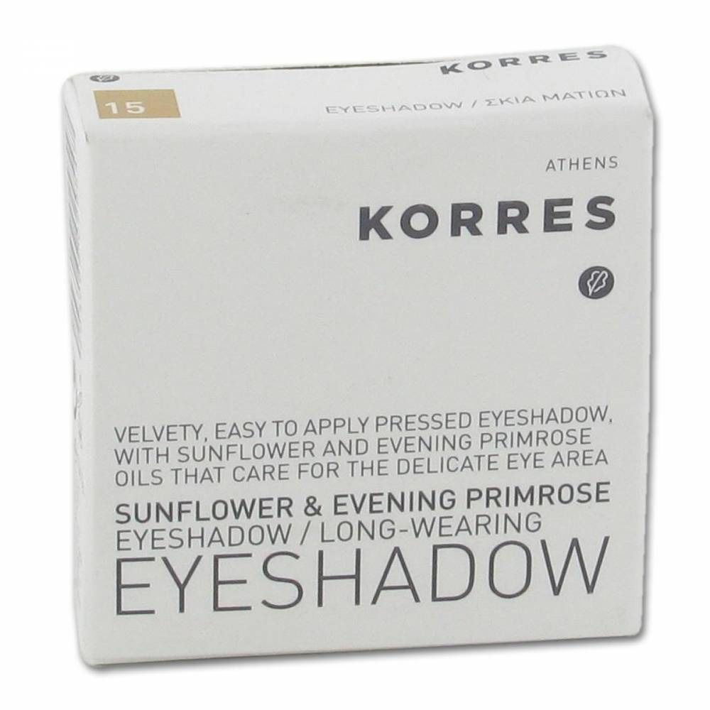 Emballage de fard à paupières Korres. Boîte blanche avec nom et description du produit. Contient de l'huile de tournesol et d'onagre.