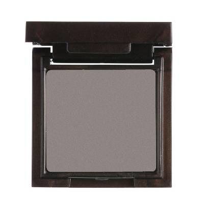 Compacte, vierkante oogschaduwpalet. Grijze oogschaduw in donkere, rechthoekige behuizing met klapdeksel.