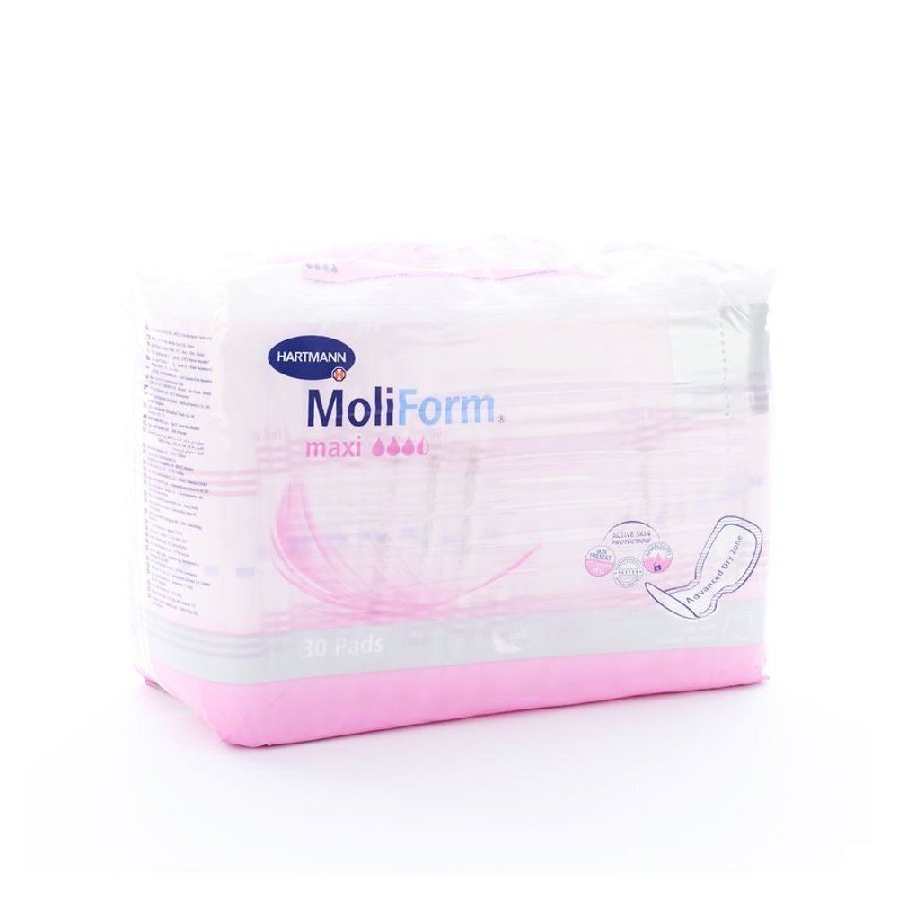 Paquet de protections contre l'incontinence. Marque Hartmann, nom du produit MoliForm maxi. Rose et blanc. 20 pièces.