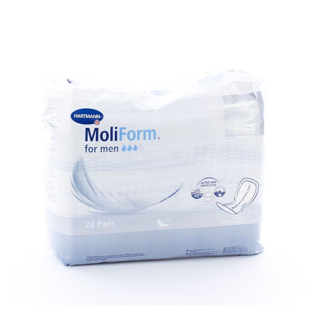 Emballage de Hartmann MoliForm pour hommes. Contient 28 coussinets. Nom du produit et logo visibles. Emballage en plastique.