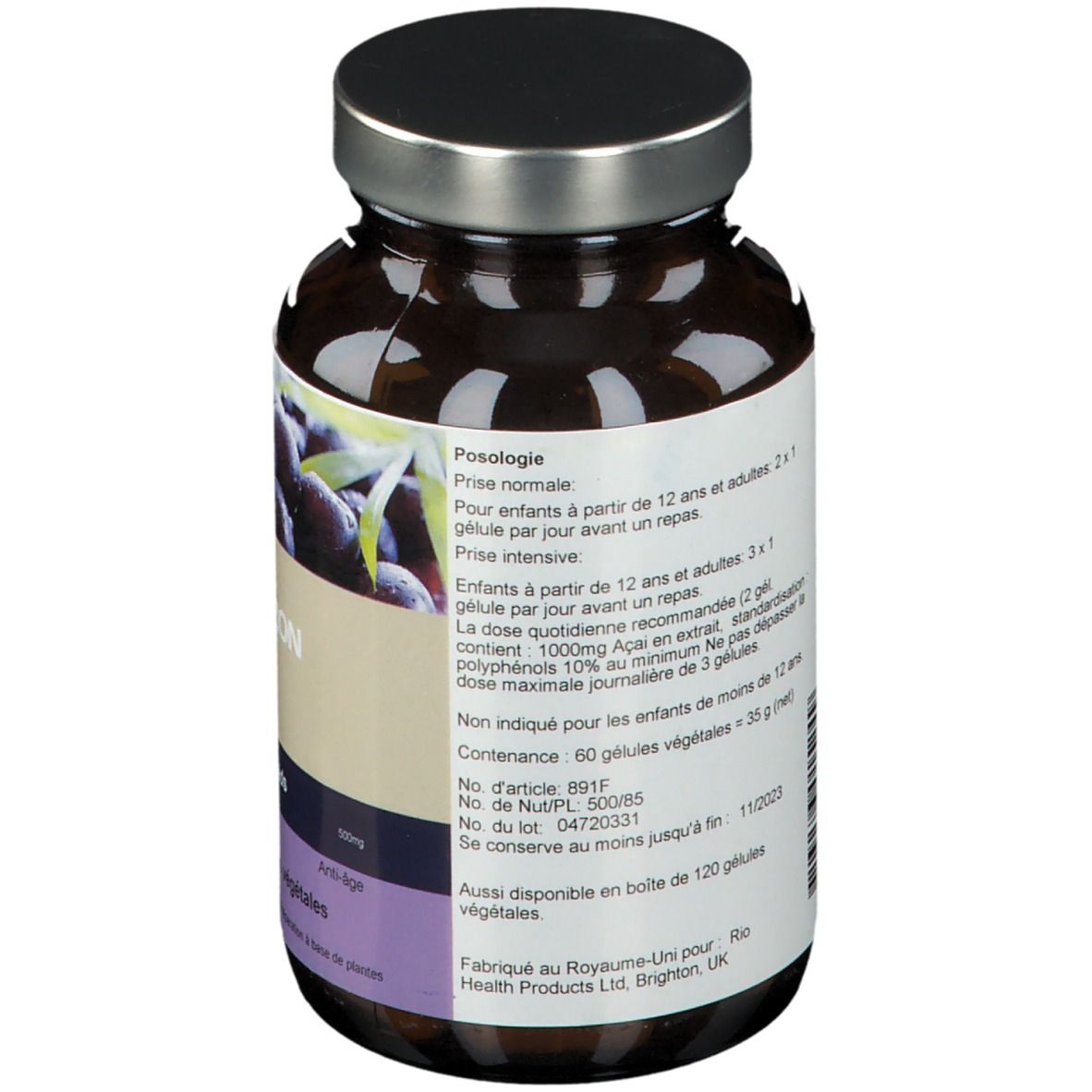 Bruine glazen fles met zilveren dop. Etiket met tekst en afbeelding van bessen. 60 capsules.