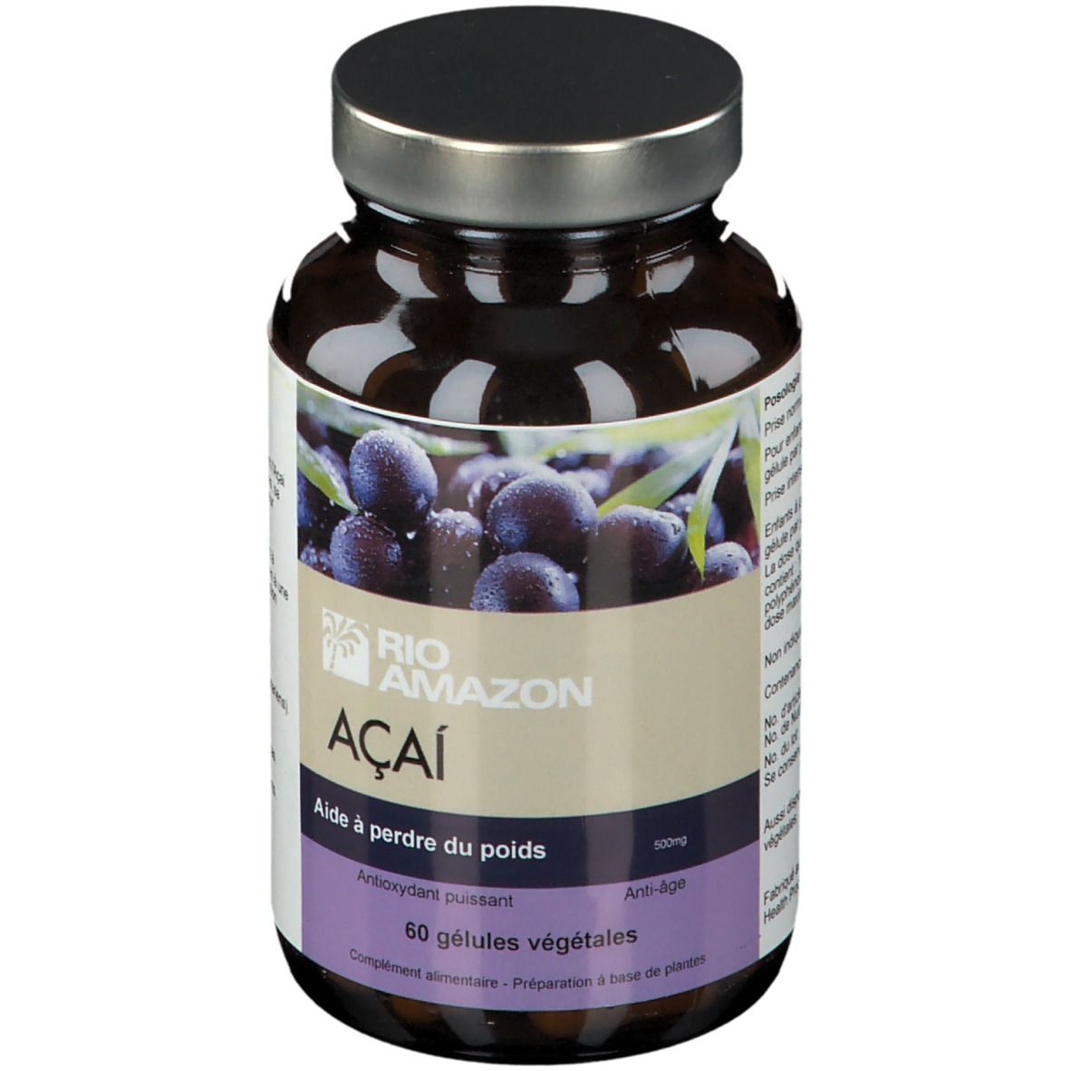 Bruine glazen fles met zilveren dop. Etiket met logo, tekst en afbeelding van bessen. 60 capsules.