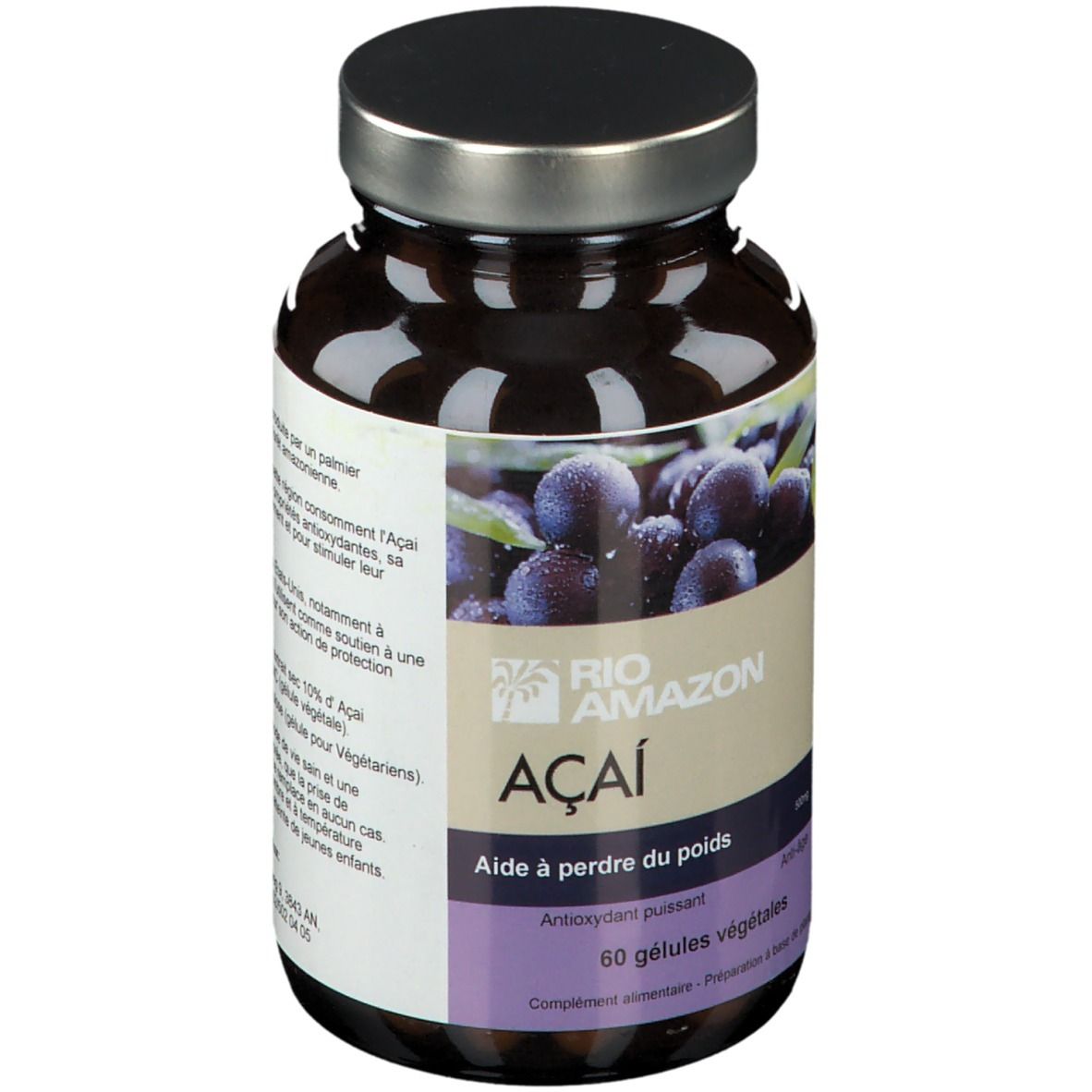 Bruine glazen fles met zilveren dop. Etiket met logo, tekst en afbeelding van bessen. 60 capsules.