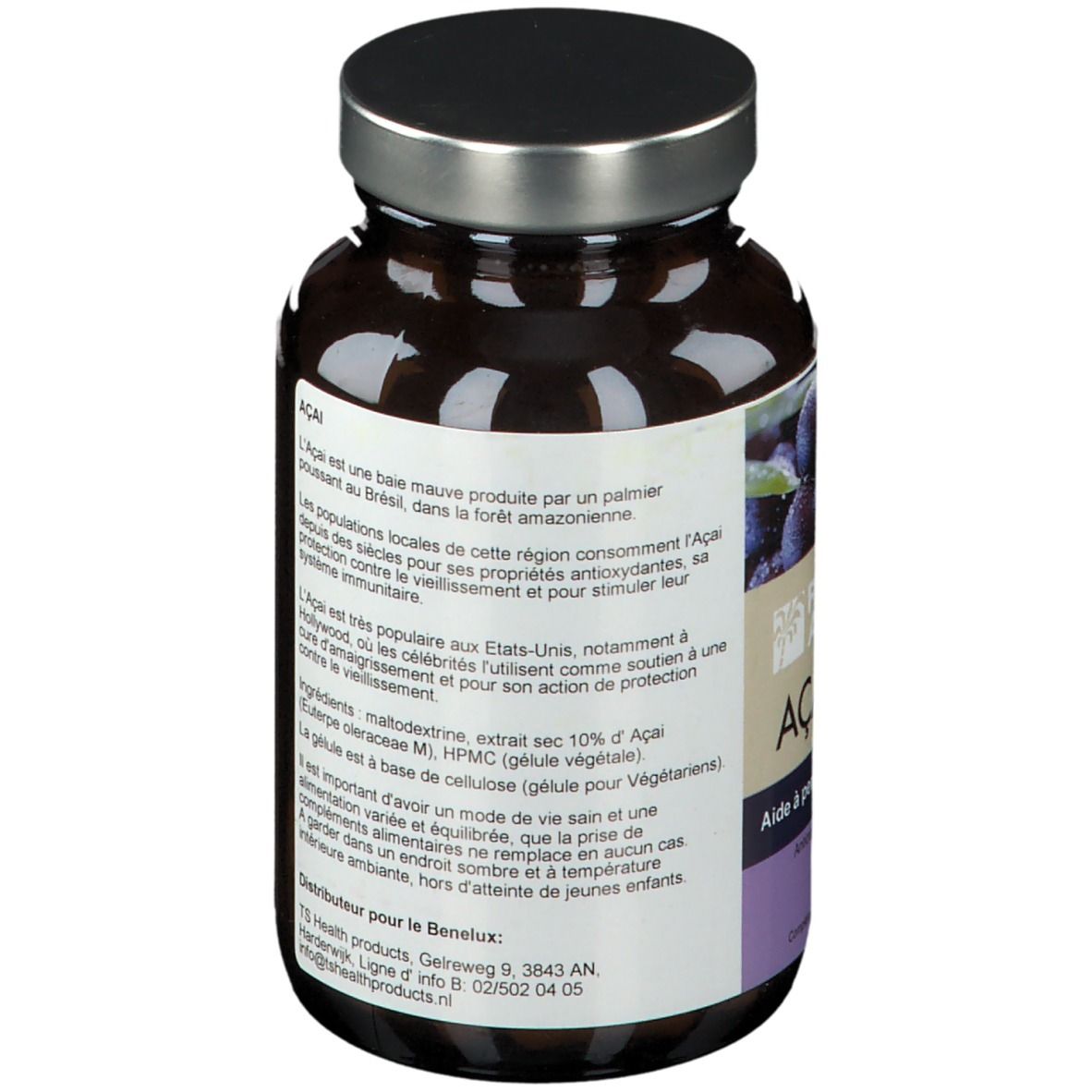 Bruine glazen fles met zilveren dop. Etiket met tekst en afbeelding van bessen. 60 capsules.