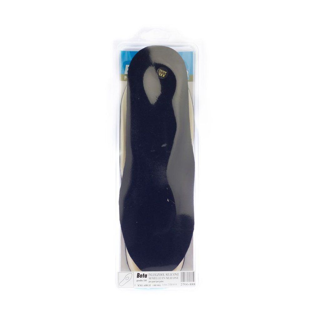 Semelle orthopédique dans son emballage. La semelle est bleu foncé. L'emballage est transparent.
