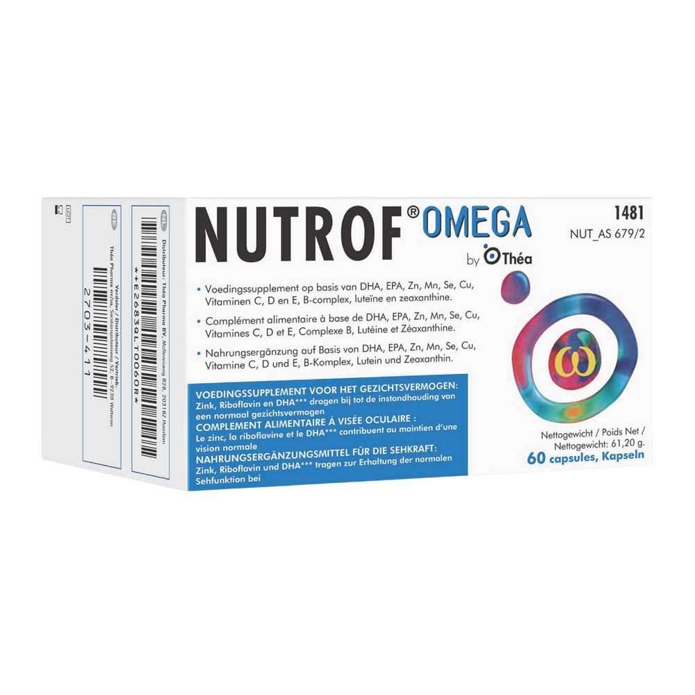 Witte doos met NUTROF® OMEGA. Bevat 60 capsules. Omega-logo. Tekst in meerdere talen.