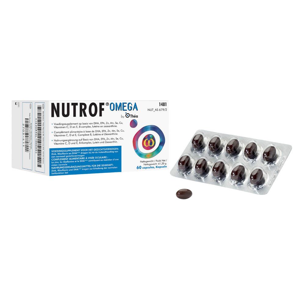 Productverpakking met NUTROF® OMEGA capsules en blister. 60 capsules.