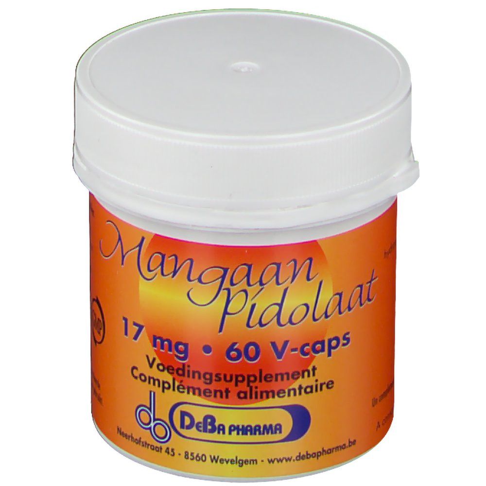 Pot met oranje etiket. Opschrift: Mangaan Pidolaat 17 mg, 60 V-caps. Merk: DeBa Pharma.