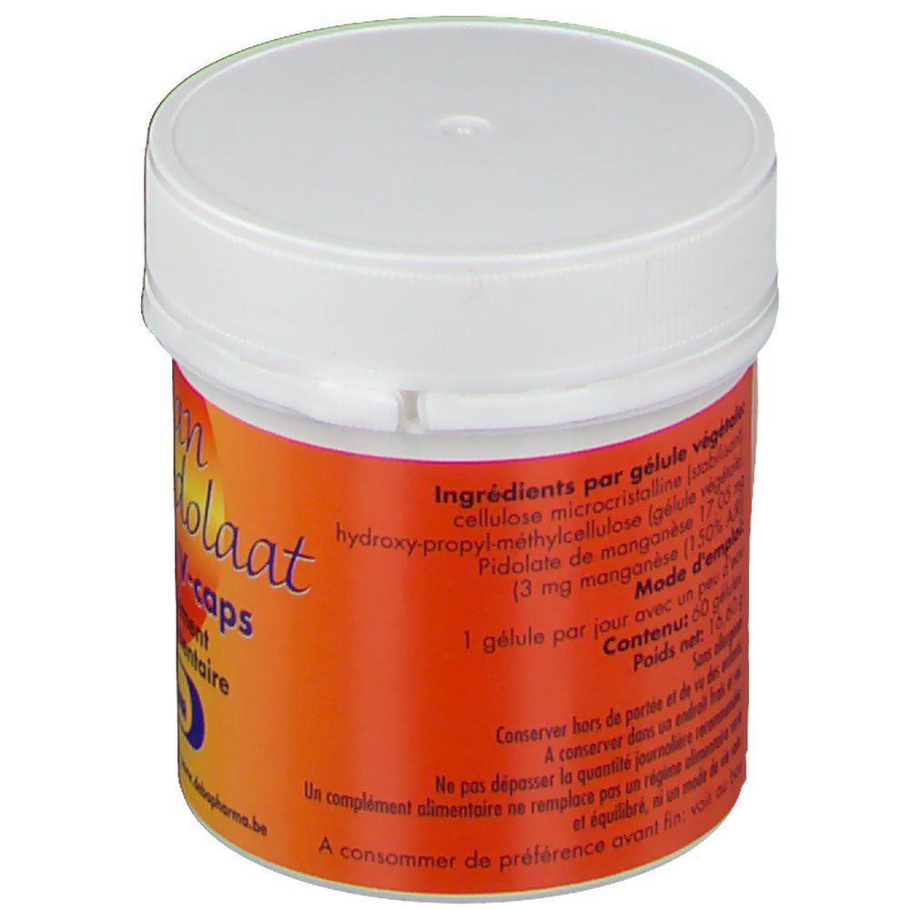 Pot met oranje etiket. Tekst: Ingrediënten, 17 mg mangaan. Witte deksel. Merk: DeBa Pharma.