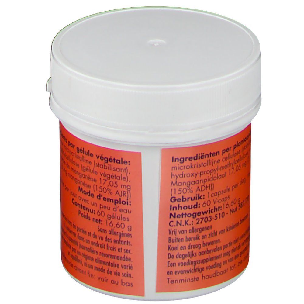 Pot met oranje etiket. Tekst: Ingrediënten, 17,05 mg mangaan. Witte deksel. 60 capsules.