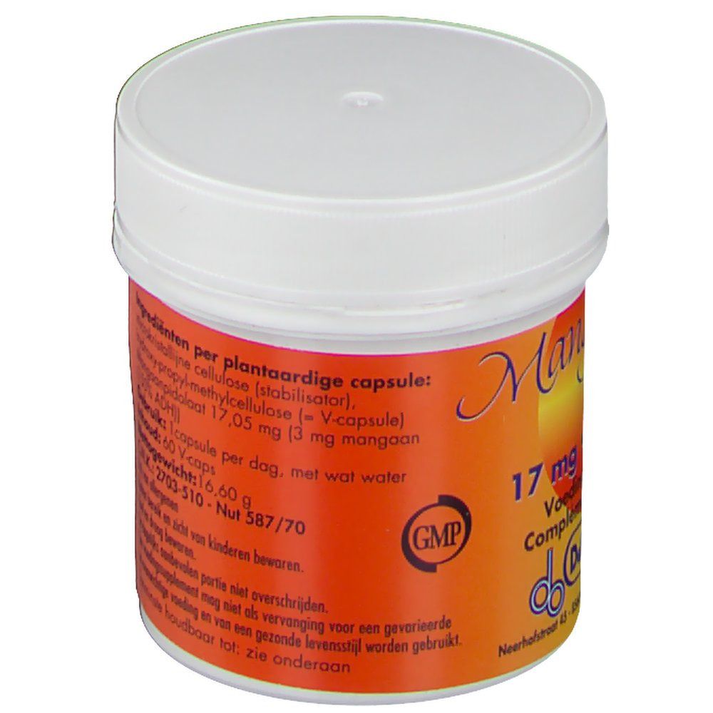 Pot met oranje etiket. Tekst: Ingrediënten, 17 mg mangaan. GMP-logo. Witte deksel.
