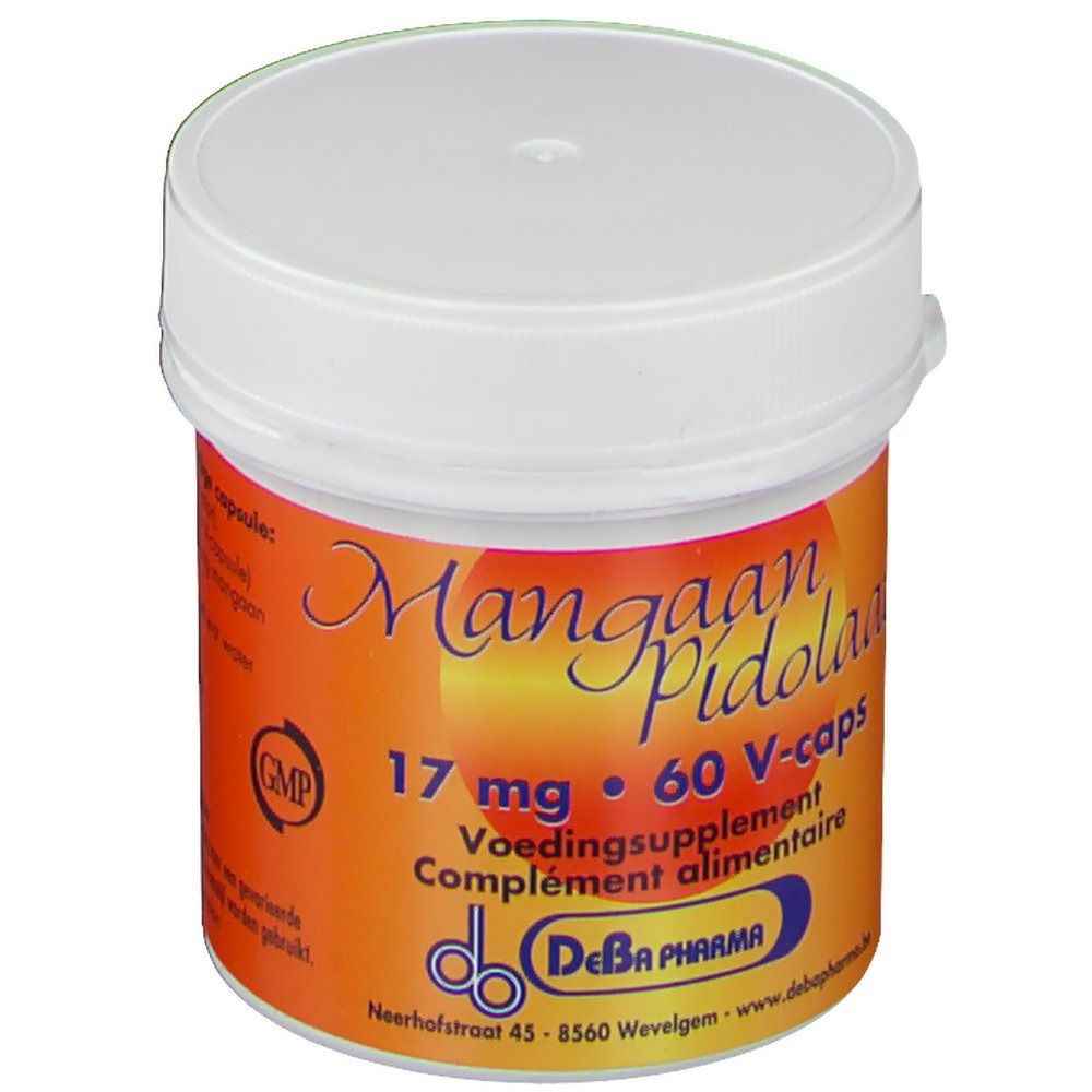 Pot met oranje etiket. Opschrift: Mangaan Pidolaat 17 mg, 60 V-caps. GMP-logo. Merk: DeBa Pharma.