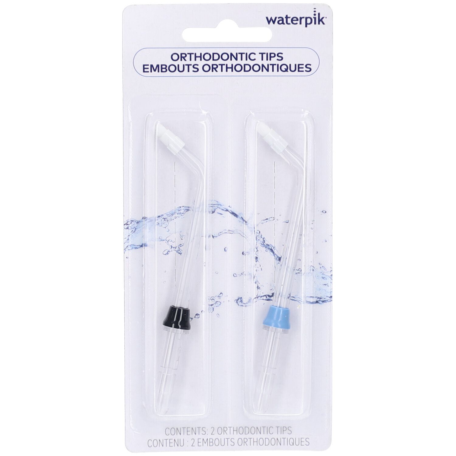 Deux embouts orthodontiques transparents dans un emballage blister. Anneau noir et bleu. Logo Waterpik en haut.