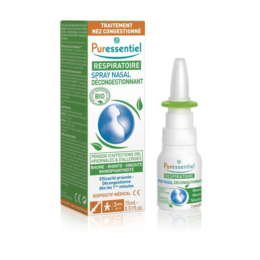 Puressentiel Spray nasal décongestionnant hypertonique, 15ml. Flacon spray blanc avec anneau vert et embout blanc.