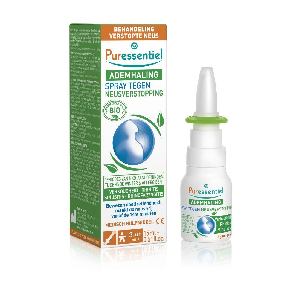 Puressentiel Ademhaling neusspray hypertonisch, 15ml. Witte sprayflacon met groene ring en witte applicator.