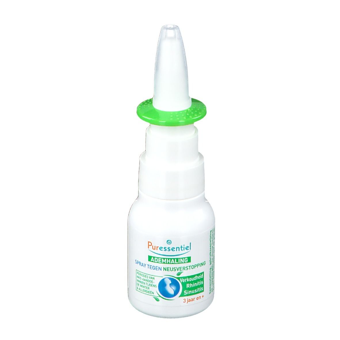 Witte neusspray met groene ring. Productnaam en logo op etiket. Opschrift: Atemhalung Spray tegen Neusverstopping.