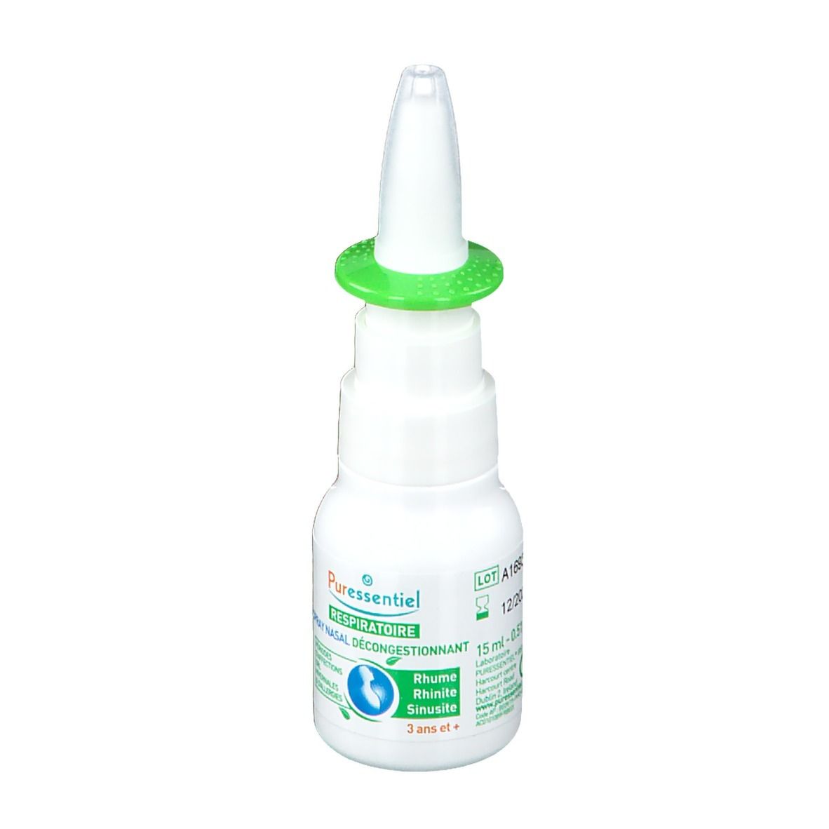 Witte neusspray met groene ring. Productnaam en logo op etiket. Opschrift: Respiratoire Spray nasal décongestionnant.