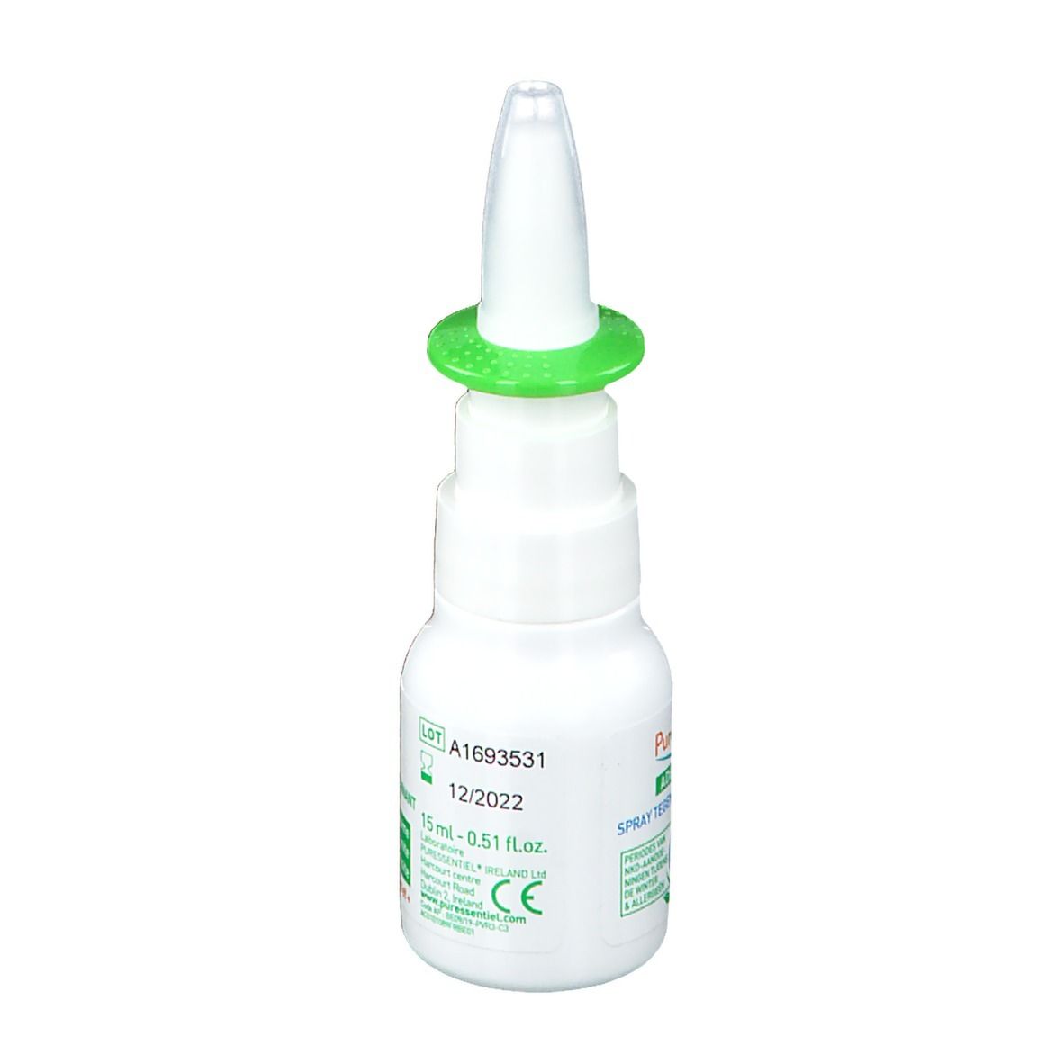 Witte neusspray met groene ring. Productnaam en logo op etiket. Opschrift: Respiratoire Spray nasal décongestionnant.