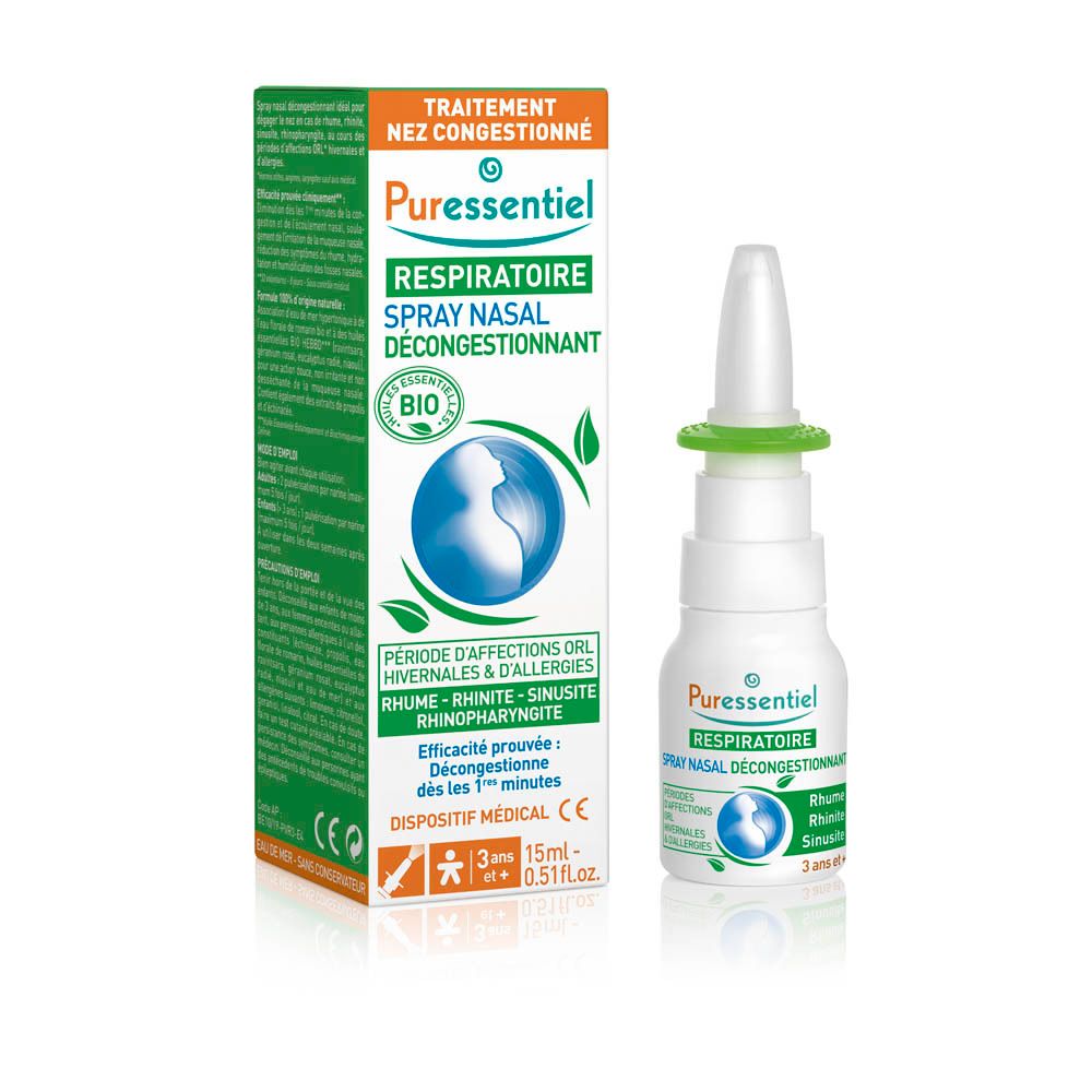 Puressentiel Respiration Spray Nasal Décongestionnant Rhume- Rhinite - Sinusite - Rhinopharyngite Bio