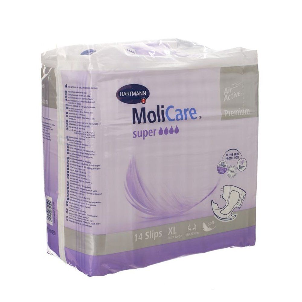 Paquet de slips Hartmann MoliCare Super XL. Emballage violet et blanc avec image du produit et texte.