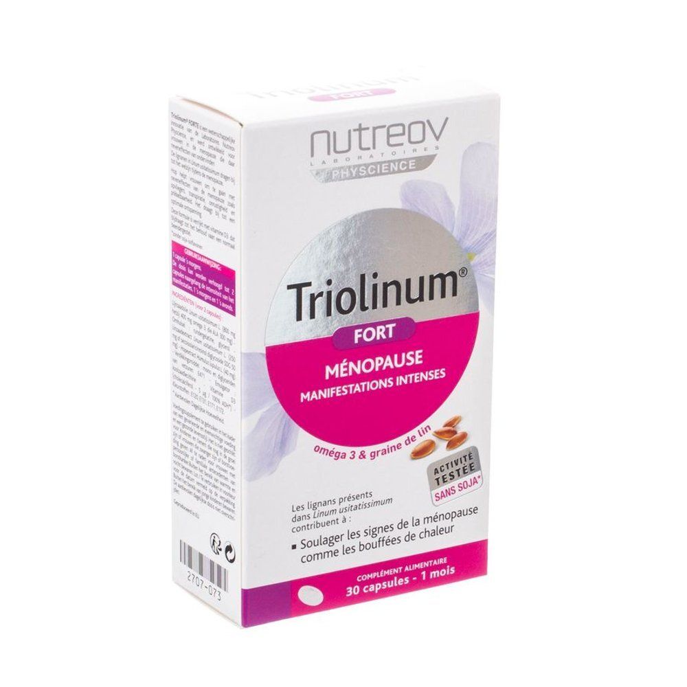Boîte blanche avec nom Triolinum Fort. Zones roses avec texte. 30 capsules, 1 mois. Marque Nutreov.