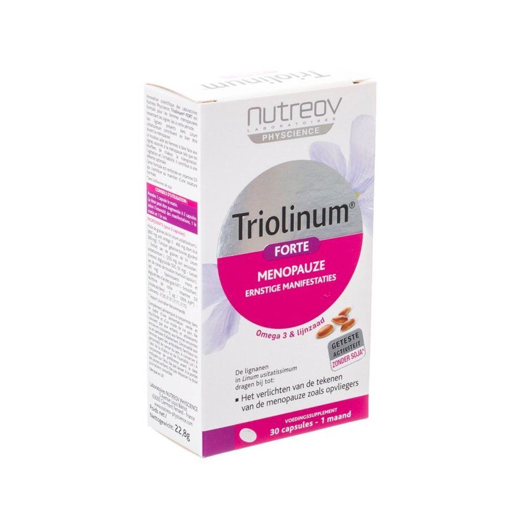 Witte doos met naam Triolinum Fort. Roze tekstgebieden. 30 capsules, 1 maand. Merk Nutreov.