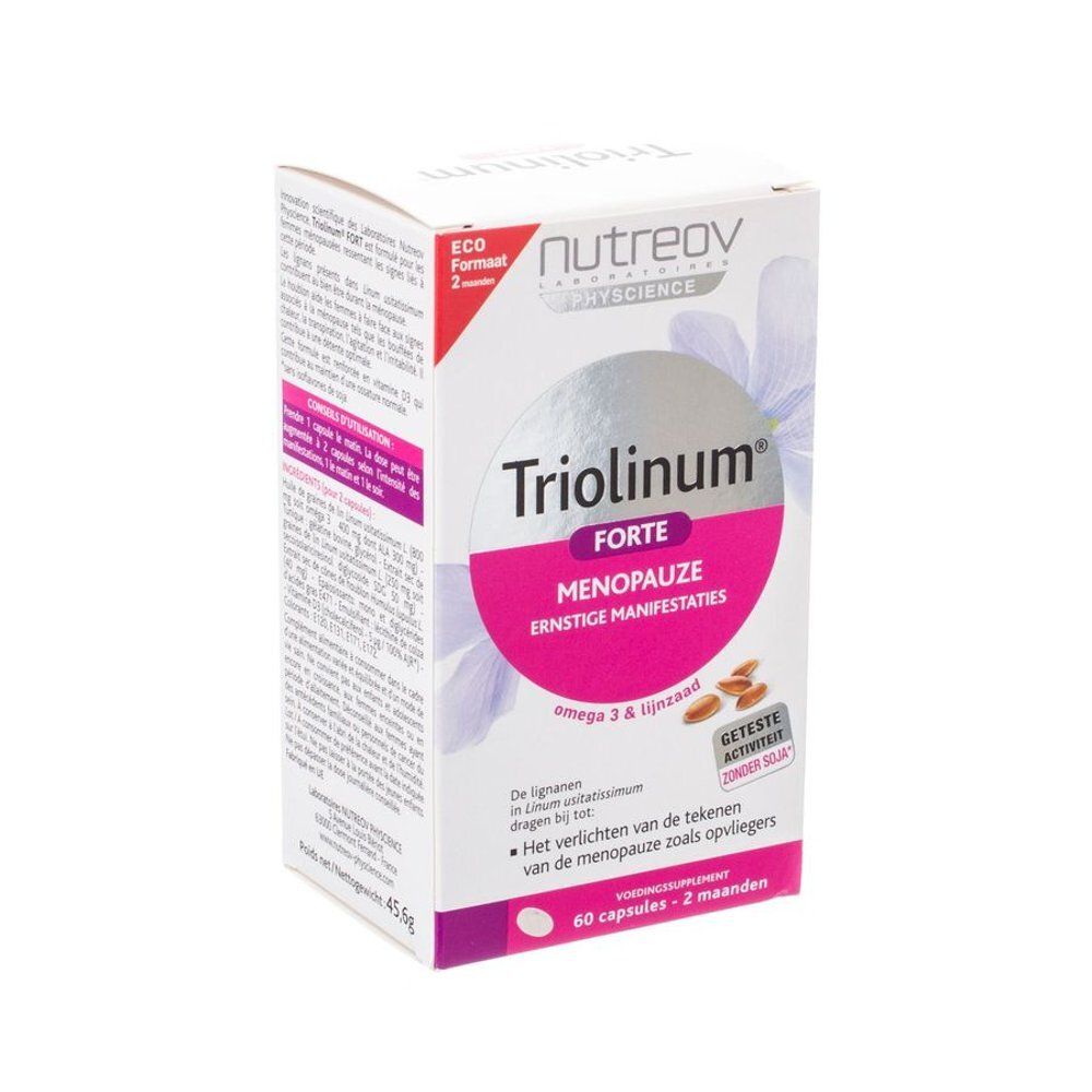 Witte doos met roze accenten. Opschrift: Triolinum Fort, Menopauze, Nutreov. Bevat 60 capsules.