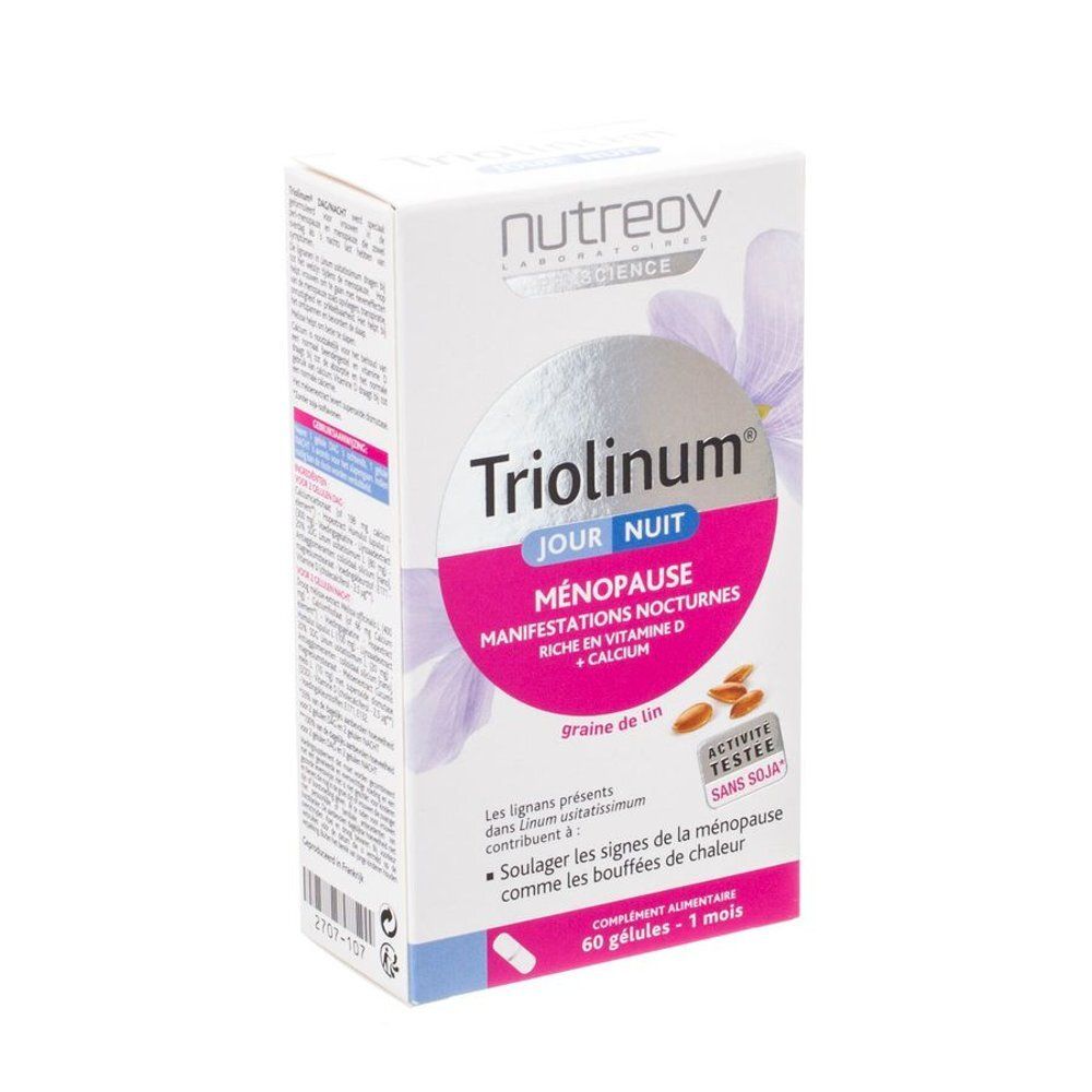 Boîte blanche Triolinum Jour Nuit Ménopause. Inscription rose. 60 gélules. Nutreov.