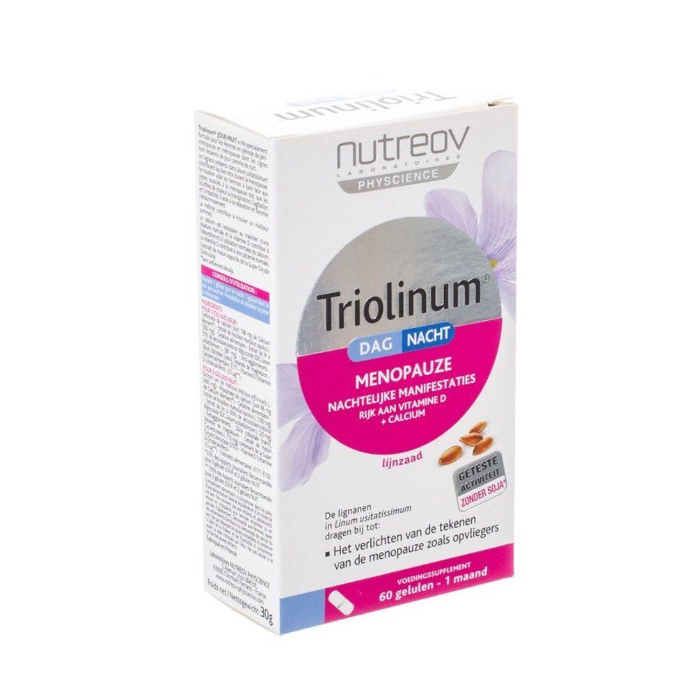 Witte doos Triolinum Dag Nacht, Menopauze. Roze accent. 60 capsules. Nutreov.