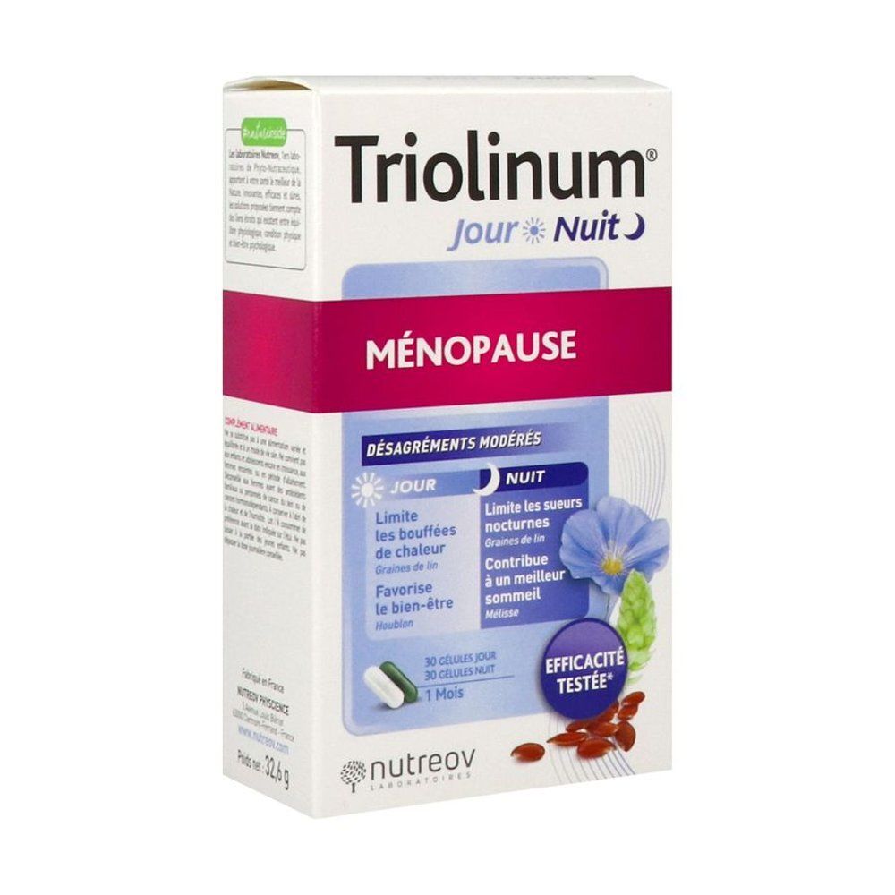 Witte doos Triolinum Dag Nacht, Ménopause. Roze band. 30 dag/nacht capsules. Nutreov.