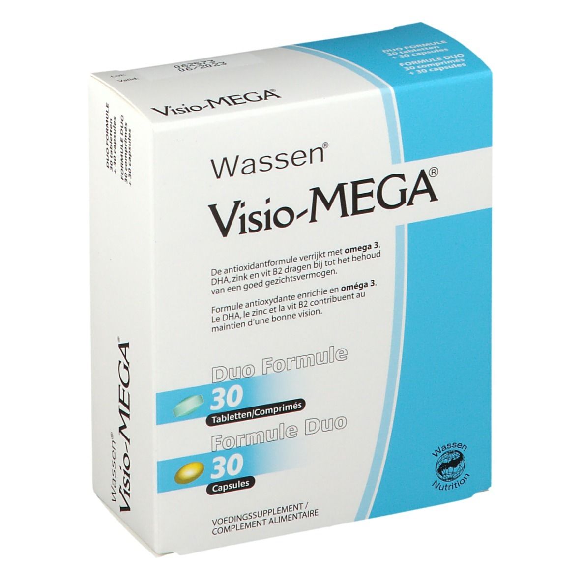 Visio-MEGA® verpakking. Duo Formule met 30 tabletten en 30 capsules. Blauw en witte doos met productnaam en logo.